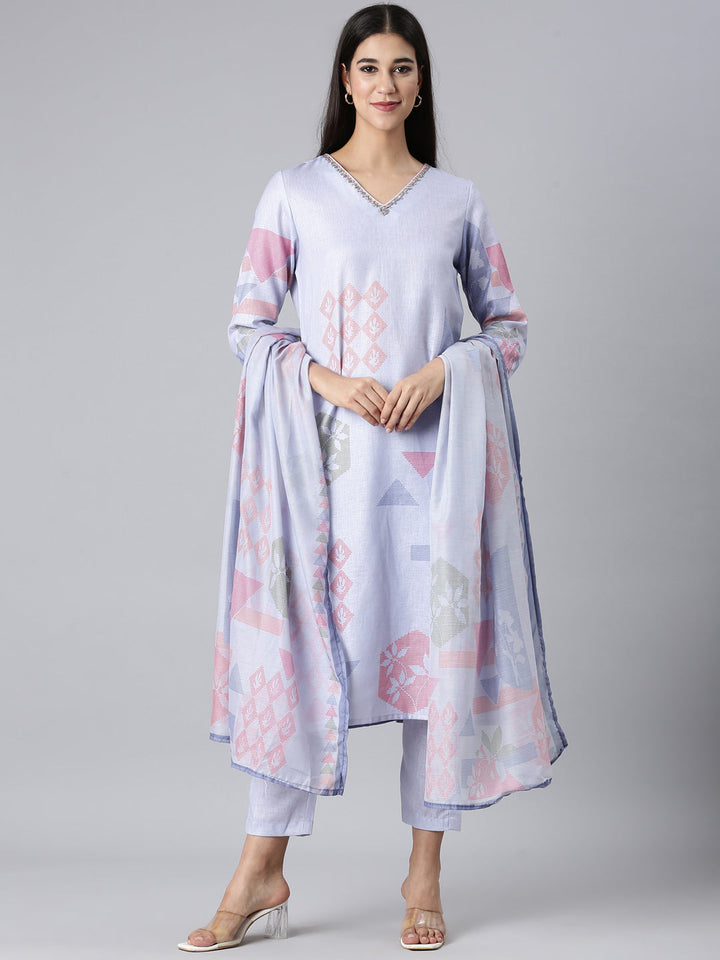 Neerus Lavender Solid Straight Kurta and Trousers With Dupatta