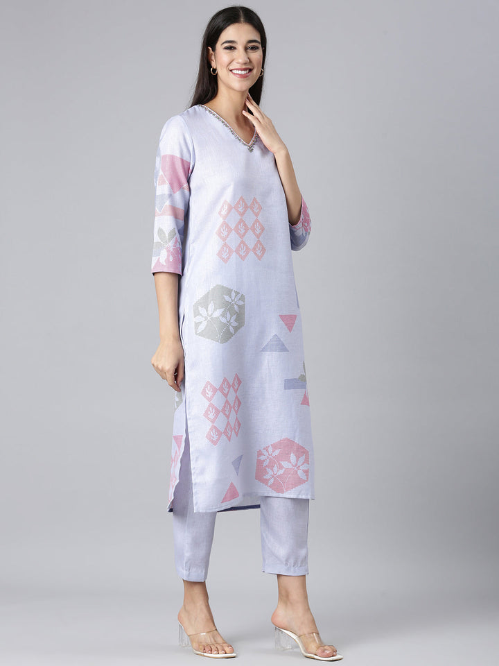 Neerus Lavender Solid Straight Kurta and Trousers With Dupatta