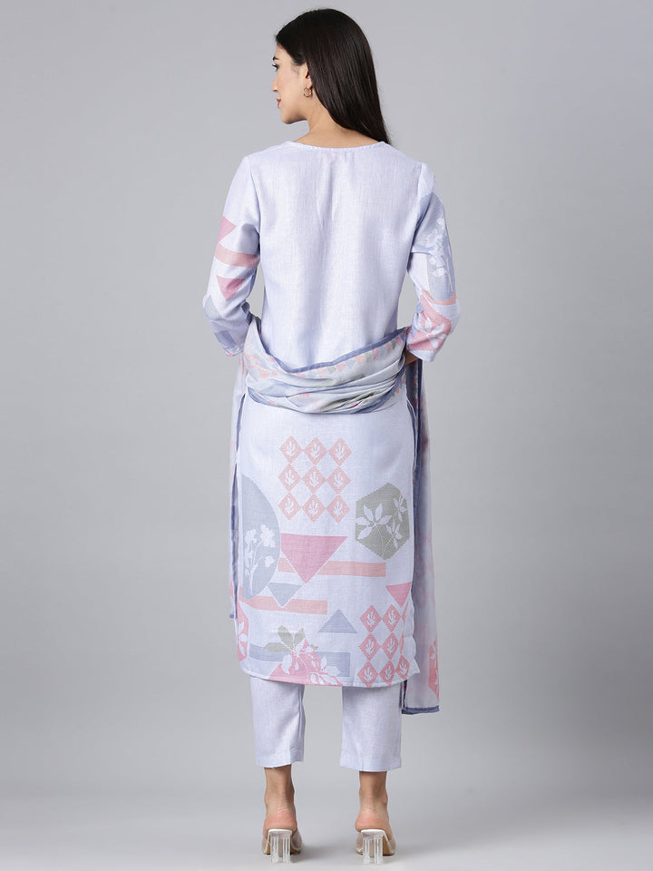 Neerus Lavender Solid Straight Kurta and Trousers With Dupatta