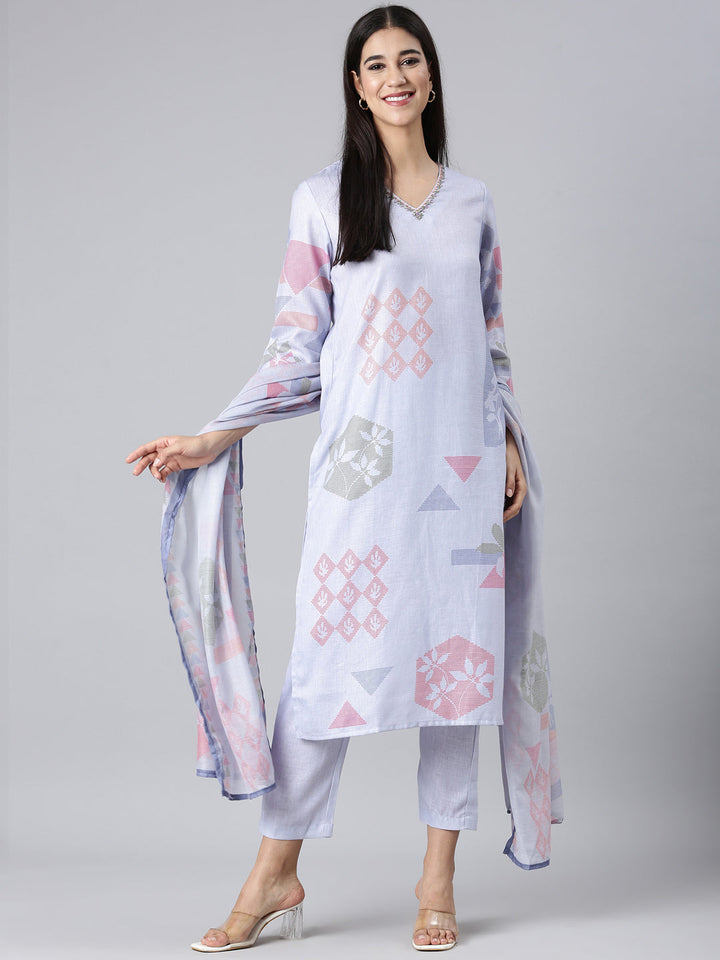 Neerus Lavender Solid Straight Kurta and Trousers With Dupatta