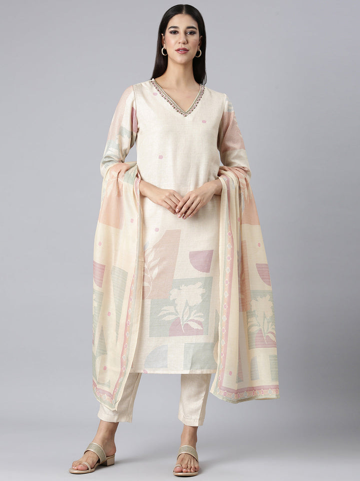 Neerus Cream Printed Straight Kurta and Trousers With Dupatta