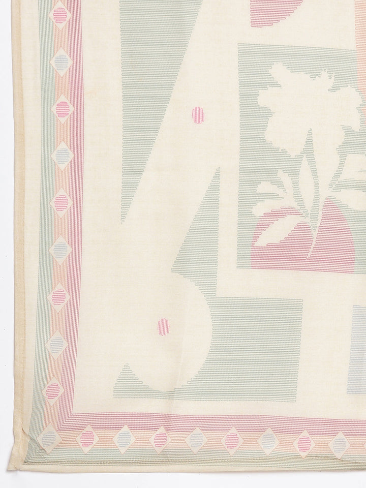 Neerus Cream Printed Straight Kurta and Trousers With Dupatta