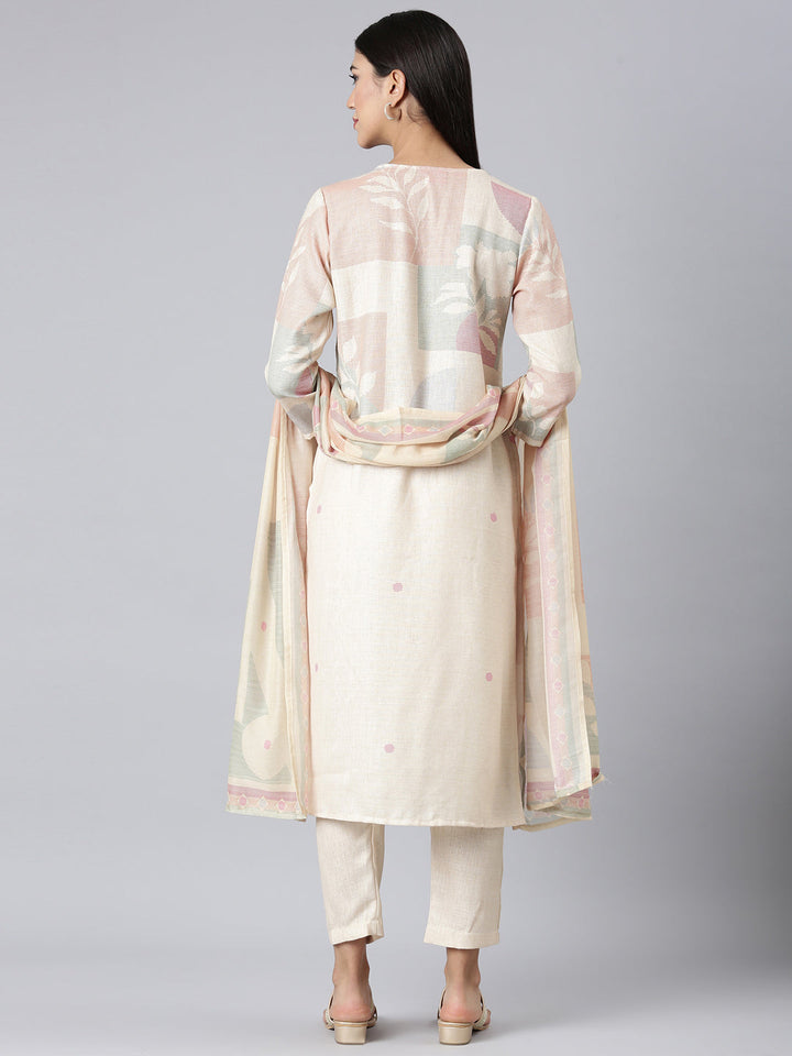 Neerus Cream Printed Straight Kurta and Trousers With Dupatta