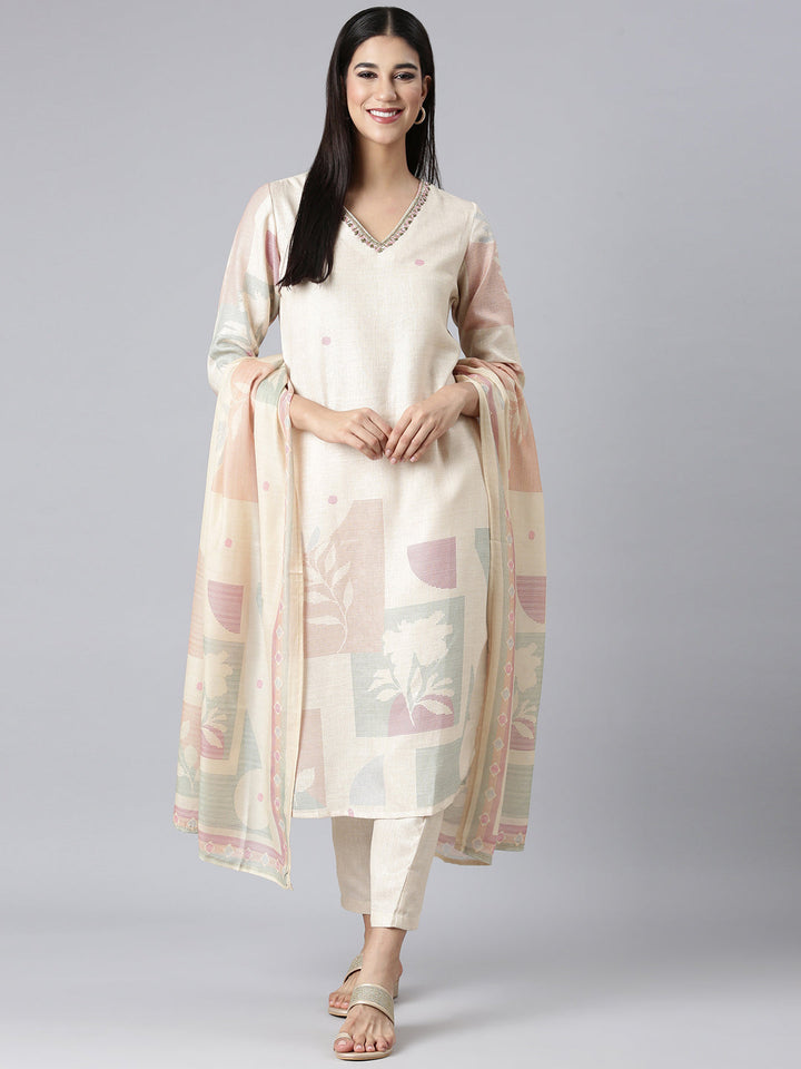 Neerus Cream Printed Straight Kurta and Trousers With Dupatta