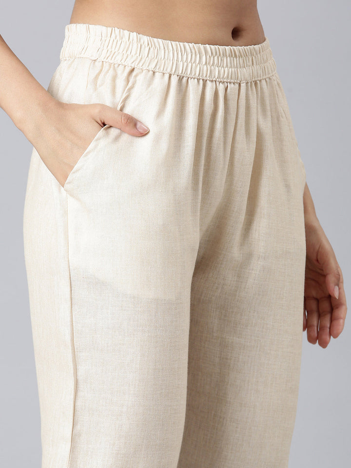 Neerus Cream Printed Straight Kurta and Trousers With Dupatta