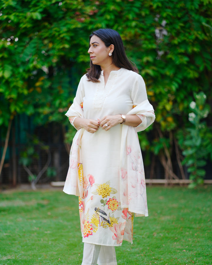 Neerus Cream Printed Straight Kurta And Trousers With Dupatta