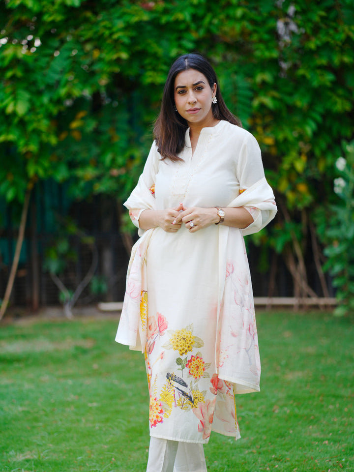 Neerus Cream Printed Straight Kurta And Trousers With Dupatta