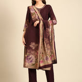 Wine Muslin Fabric three piece palazzo suit