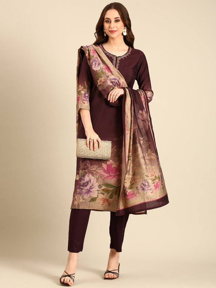 Wine Muslin Fabric three piece palazzo suit