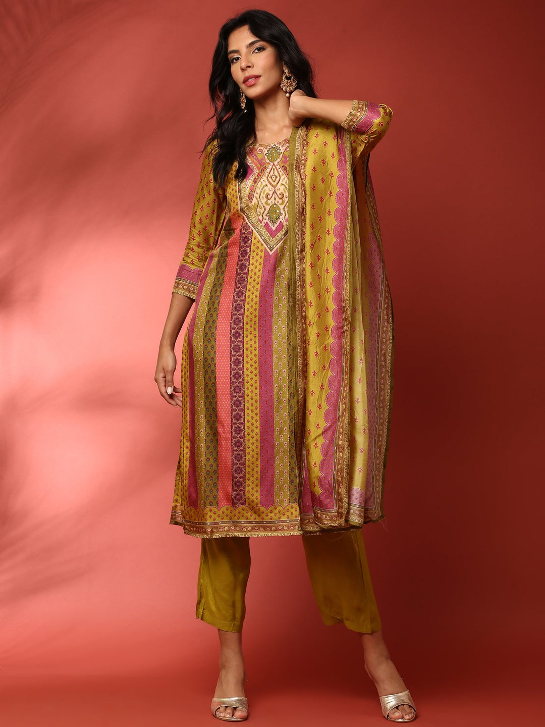 Neerus Multi Muslin Digital Printed Suit Set - front view
