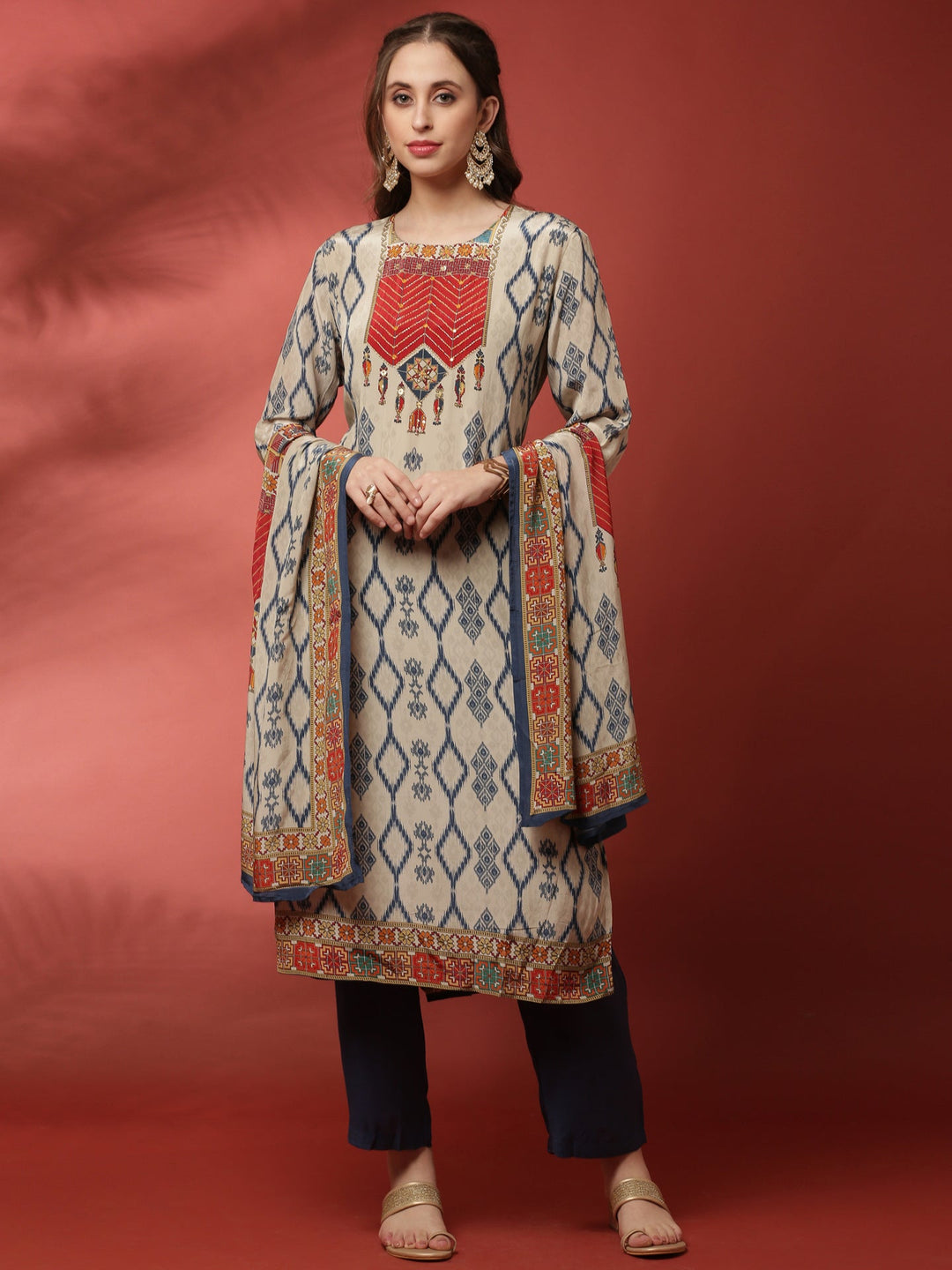 Neerus Grey crepe ikat printed suit set - front view