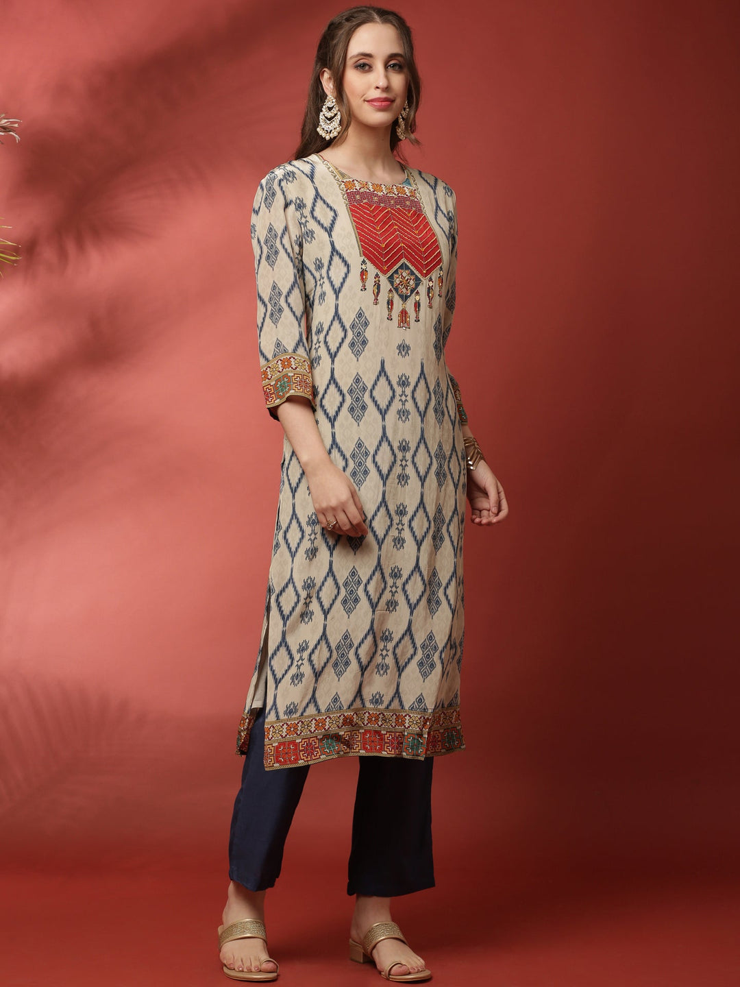 Neerus Grey crepe ikat printed suit set - back view