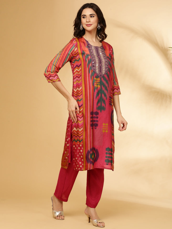 Neerus Pink silk straight suit set - back view
