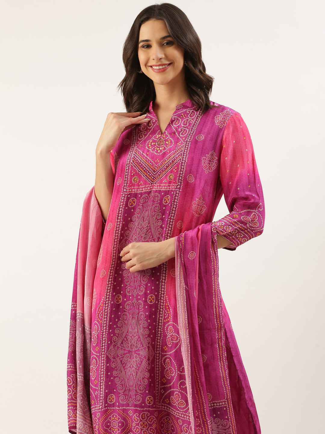 Neerus Pink muslin Bandhani printed suit set - detail view 3