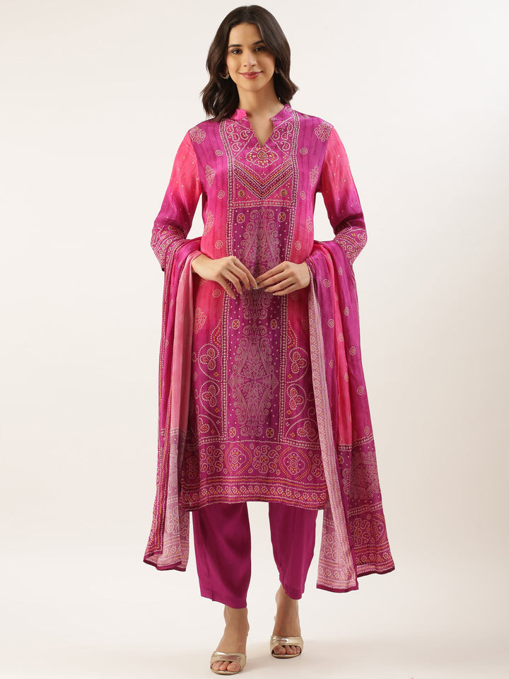 Neerus Pink muslin Bandhani printed suit set - back view