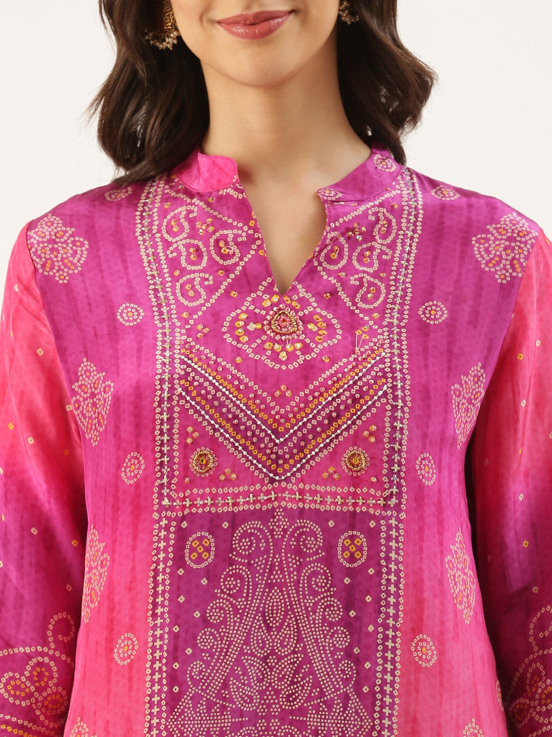 Neerus Pink muslin Bandhani printed suit set - detail view 2