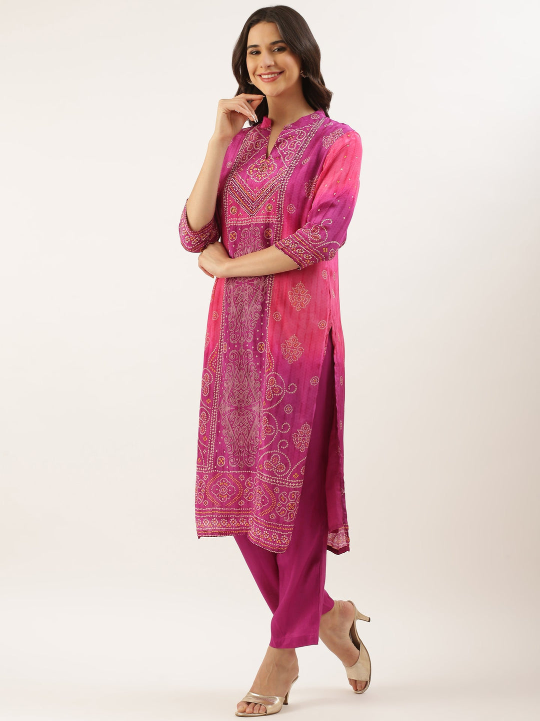Neerus Pink muslin Bandhani printed suit set - side view