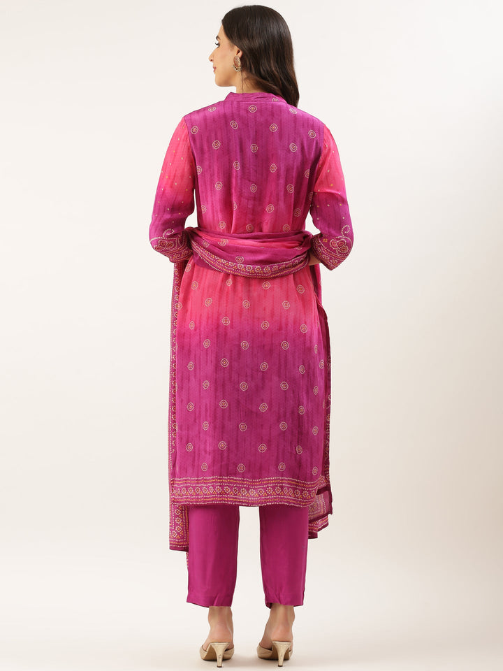 Magenta Muslin Bandhani Printed Three Piece Suit Set