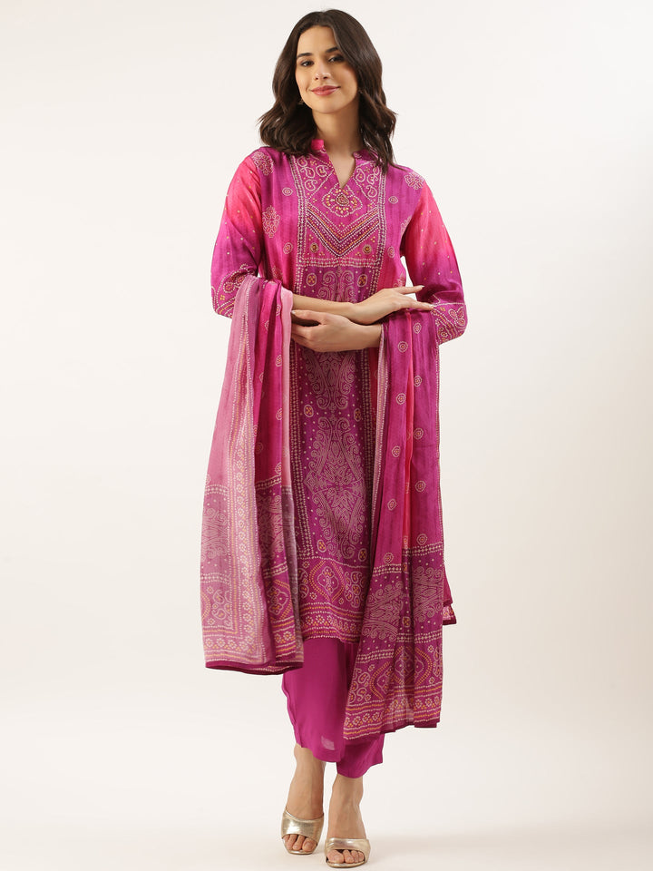 Neerus Pink muslin Bandhani printed suit set - front view