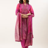 Magenta Muslin Bandhani Printed Three Piece Suit Set