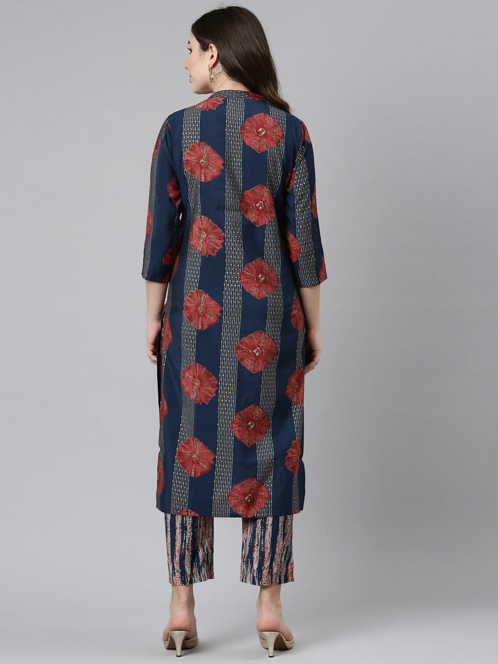 Neerus Blue printed straight kurta set with trouser - side view