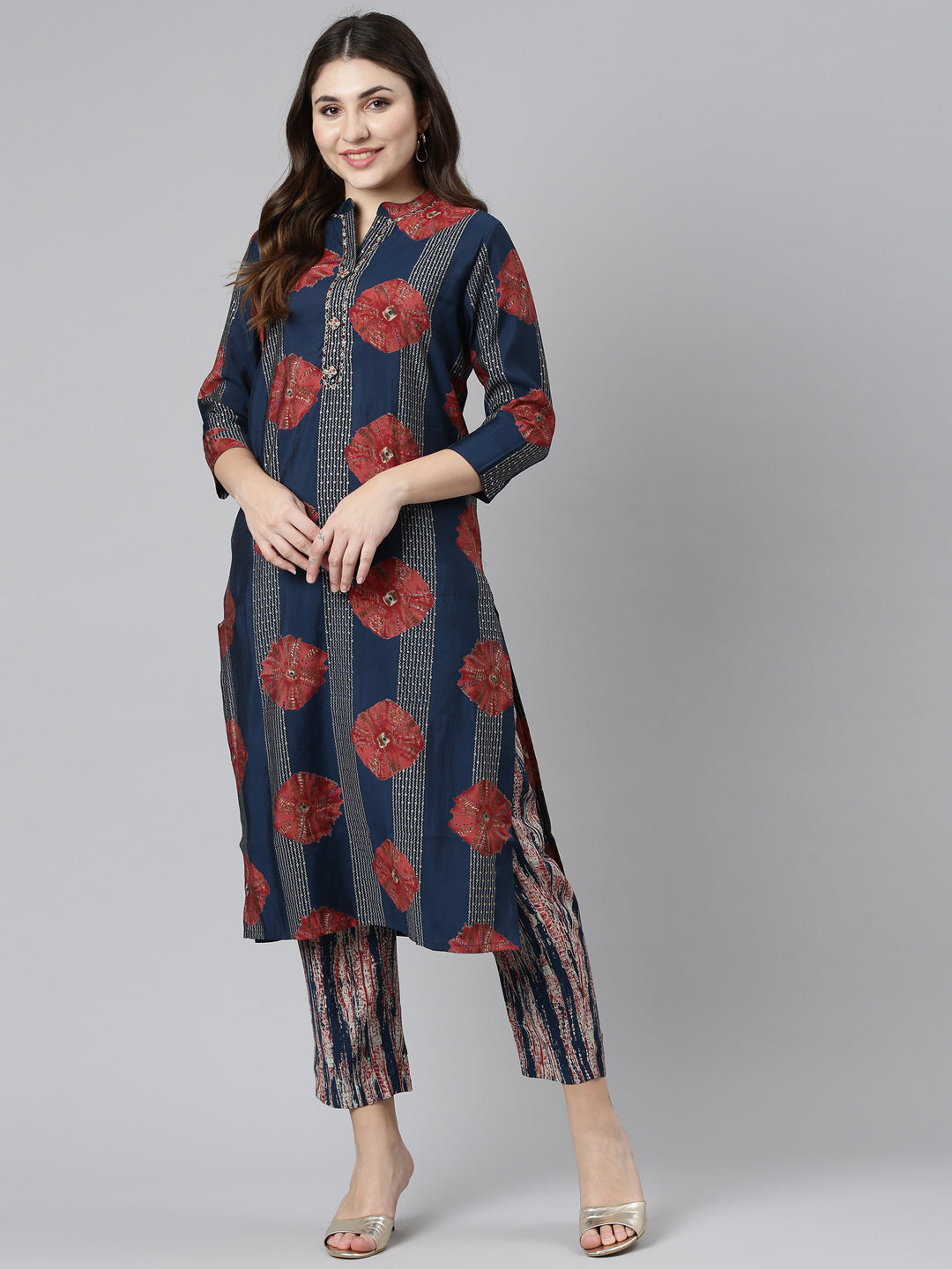 Neerus Blue printed straight kurta set with trouser - detail view 2