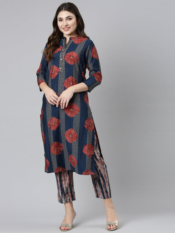 Neerus Blue printed straight kurta set with trouser - detail view 2