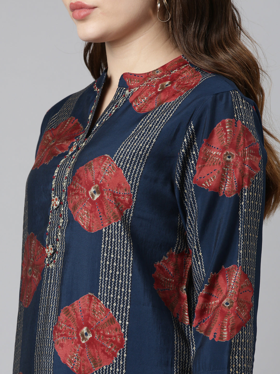 Neerus Blue printed straight kurta set with trouser - detail view 1