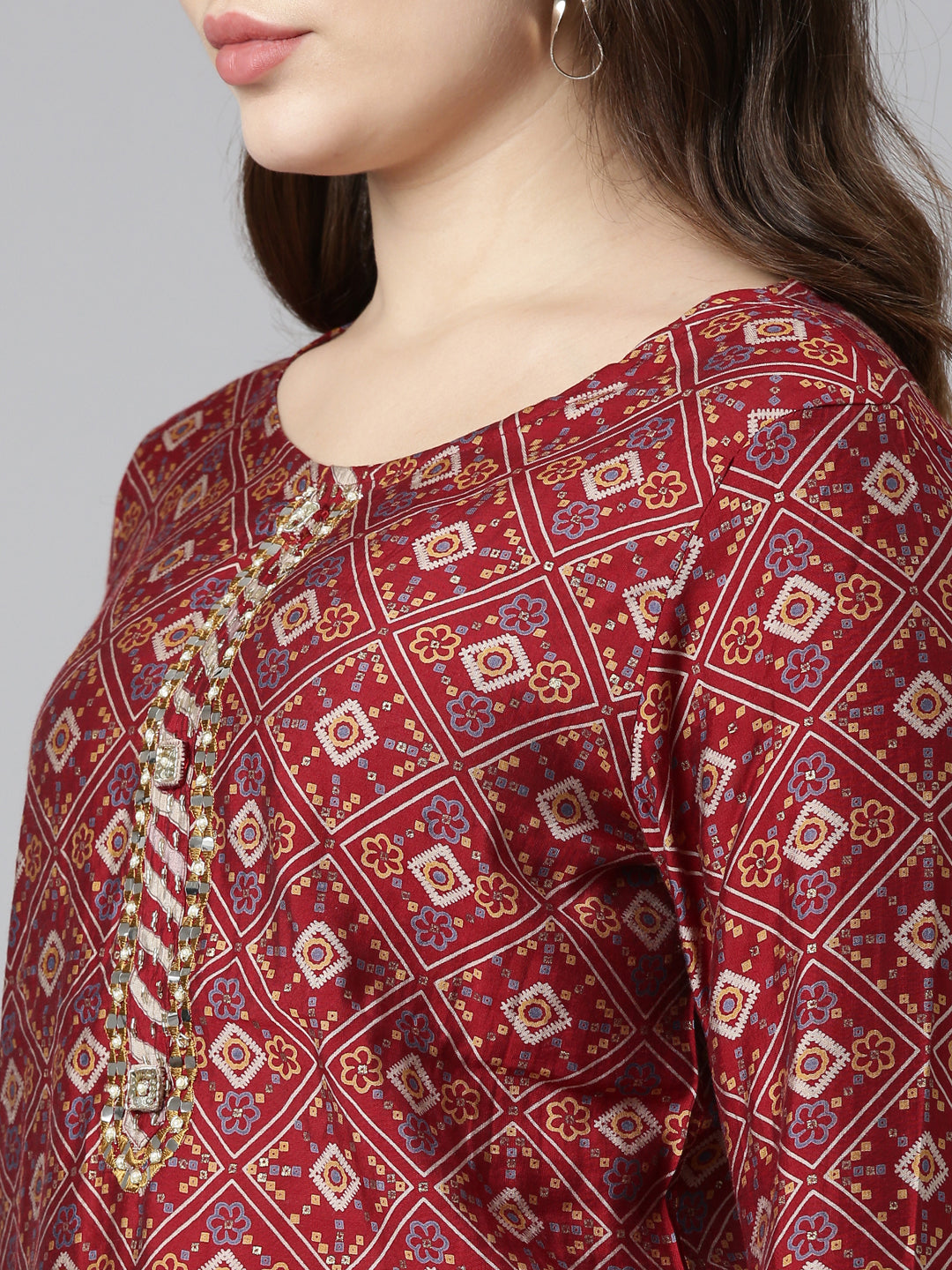 Neerus Maroon printed straight kurta set - detail view 1
