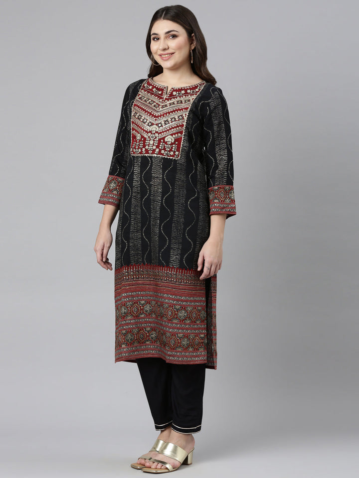 Neerus Black printed straight kurta set with trouser and dupatta - back view