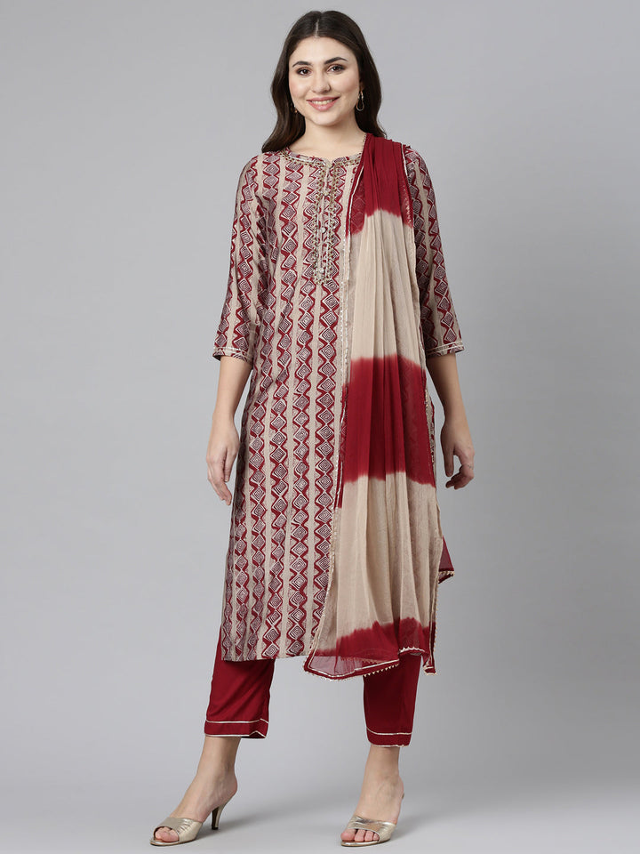 Neerus Maroon printed straight kurta set - front view
