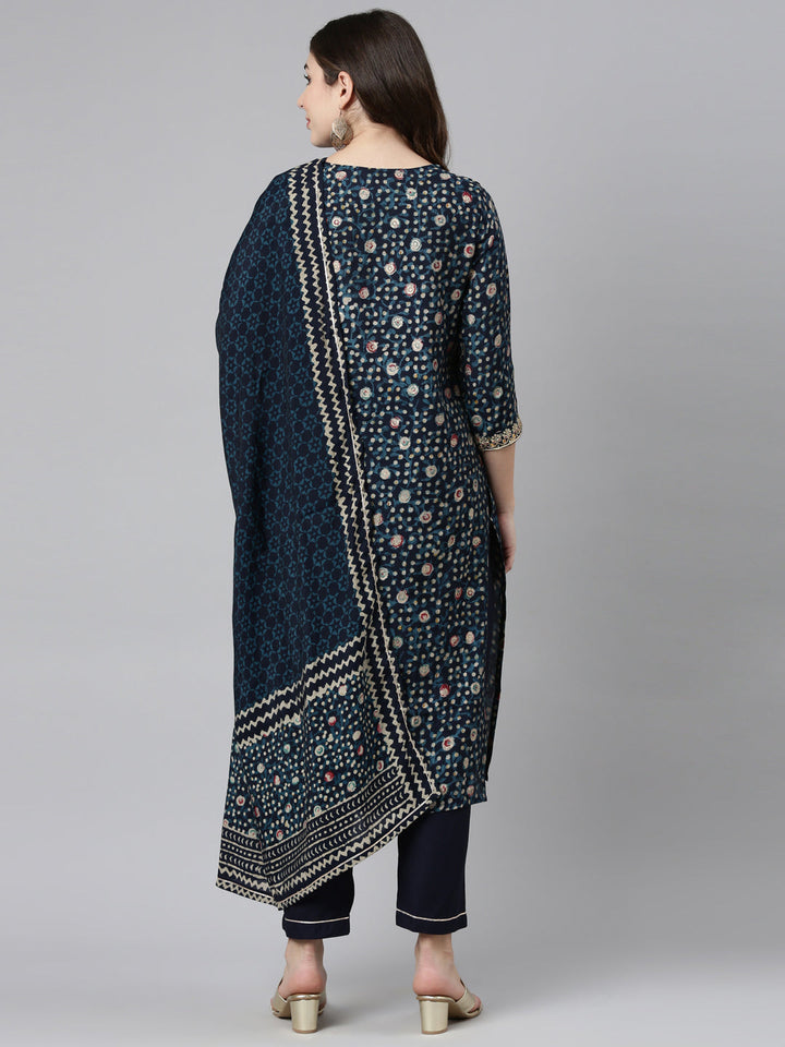 Neerus Blue printed straight kurta set with dupatta - side view