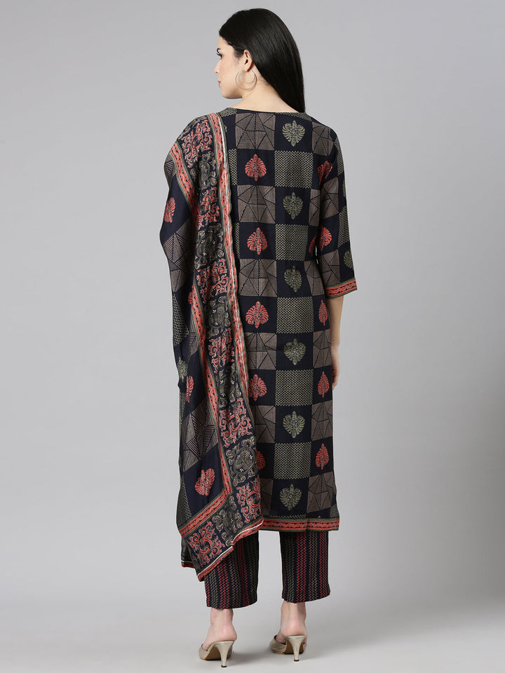Neerus Blue printed straight kurta set with trouser and dupatta - side view