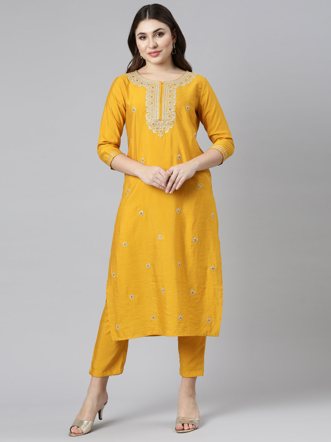 Neerus Yellow embroidered straight kurta set - front view