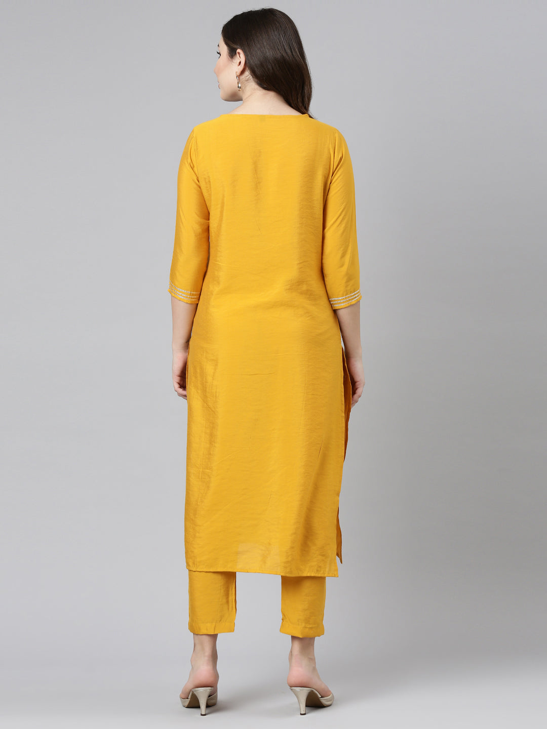Neerus Yellow embroidered straight kurta set - side view