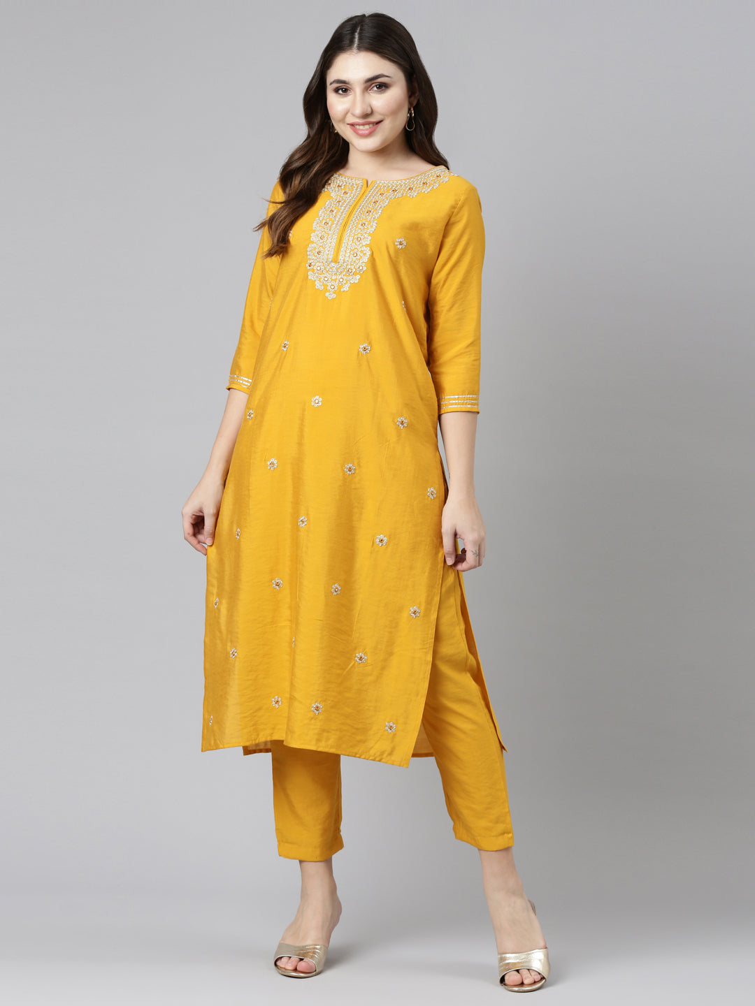Neerus Yellow embroidered straight kurta set - detail view 2