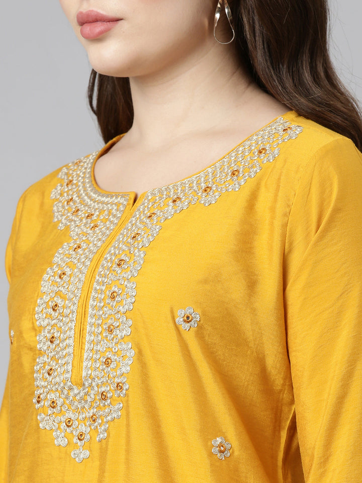 Neerus Yellow embroidered straight kurta set - detail view 1