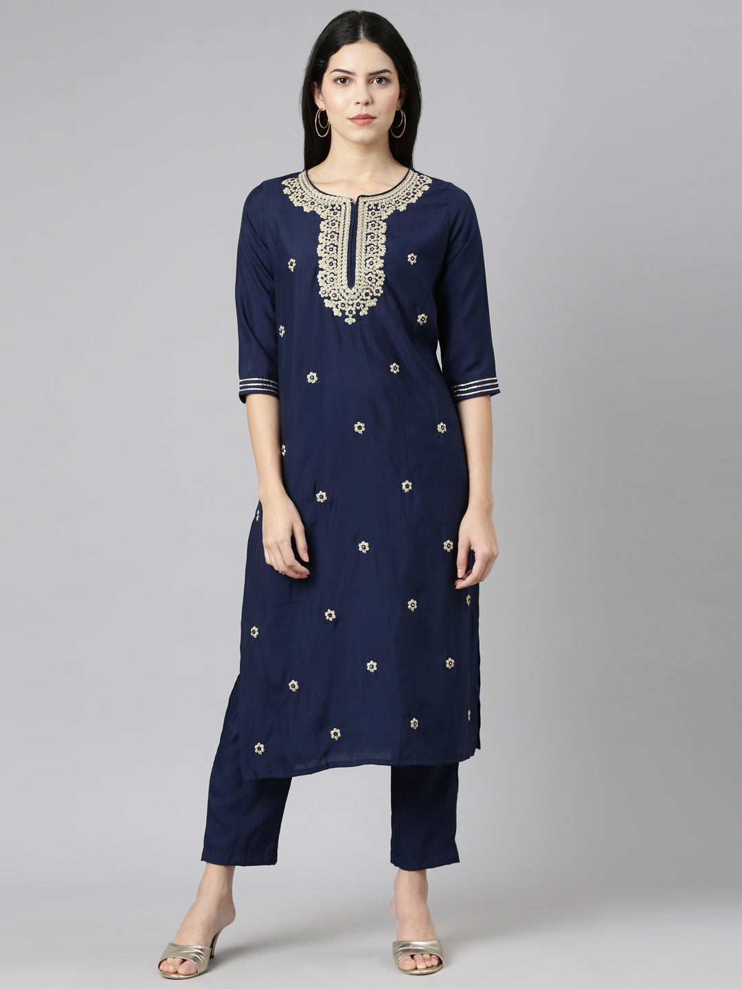 Neerus Blue embroidered straight kurta set with trousers - front view