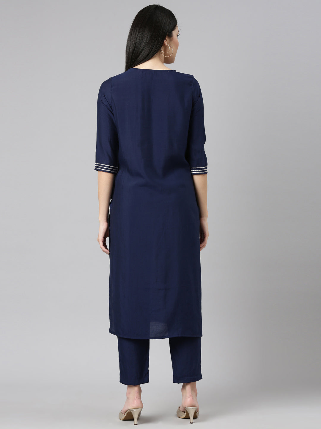 Neerus Blue embroidered straight kurta set with trousers - side view