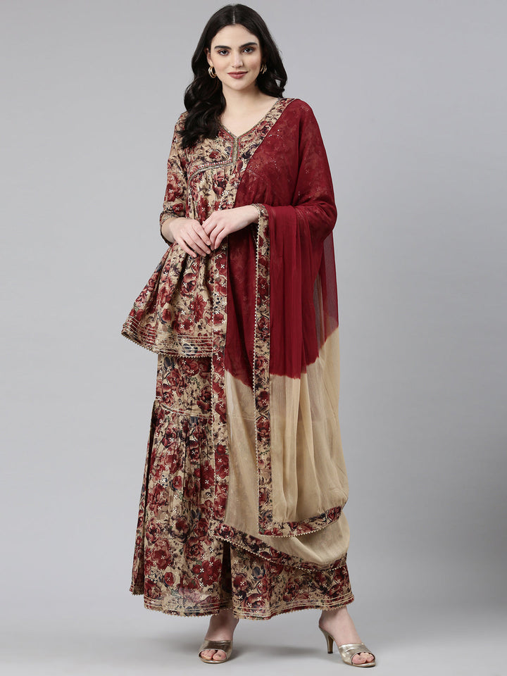Neerus Maroon cotton printed anarkali kurta set - detail view 2