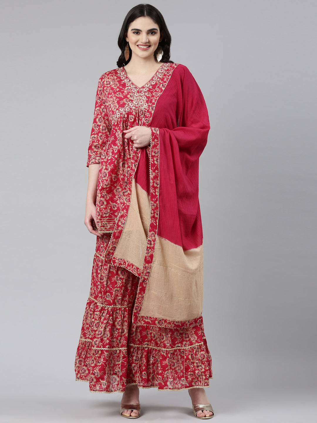 Neerus Pink printed anarkali kurta set with sharara and dupatta - front view