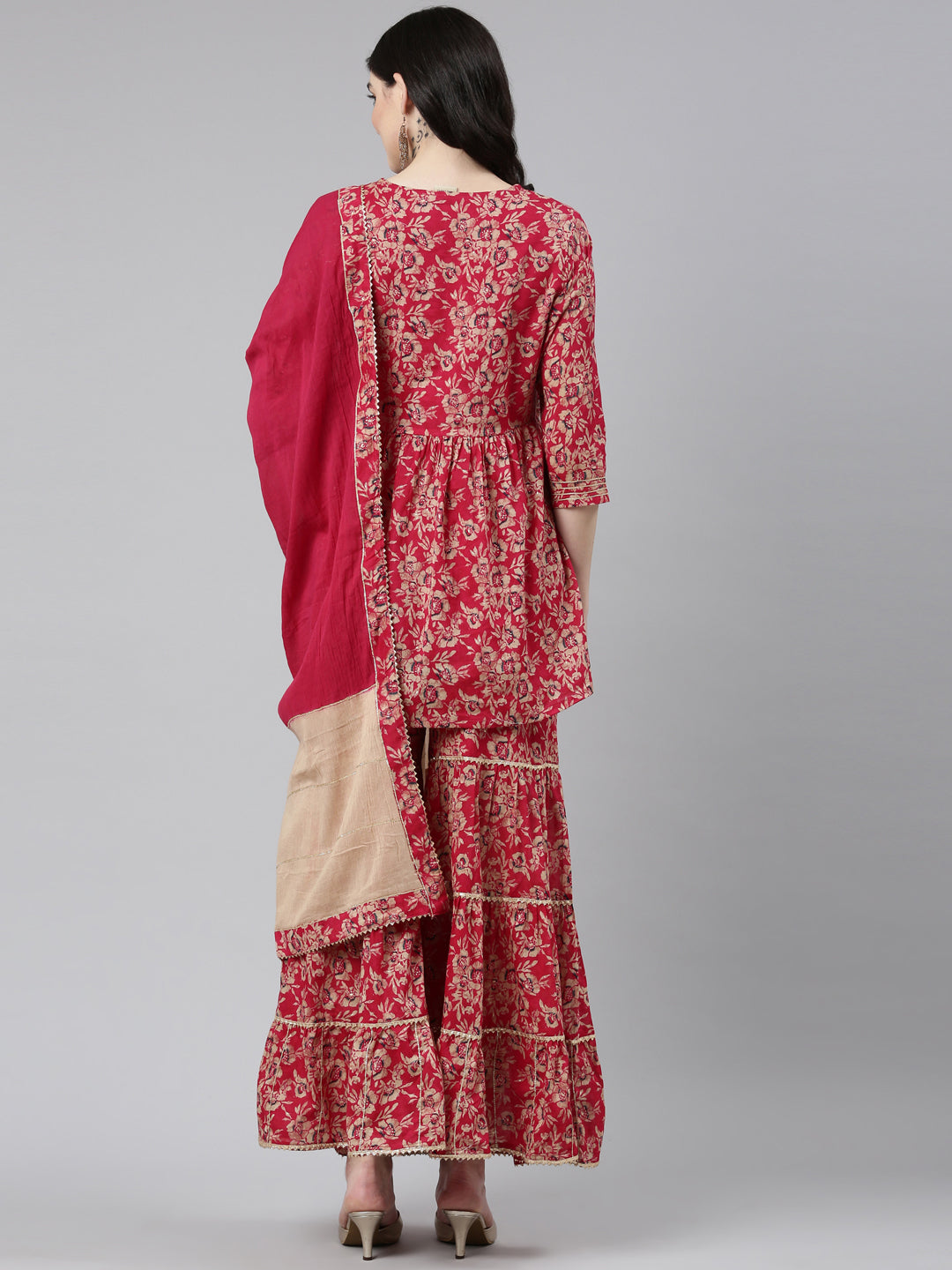 Neerus Pink printed anarkali kurta set with sharara and dupatta - side view