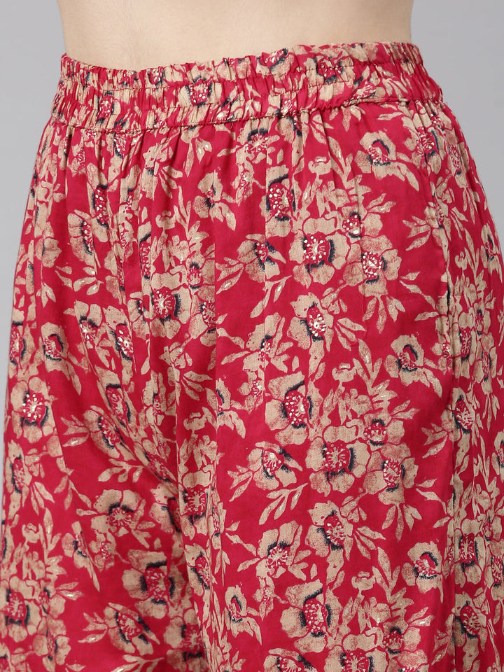 Neerus Pink printed anarkali kurta set with sharara and dupatta - detail view 3