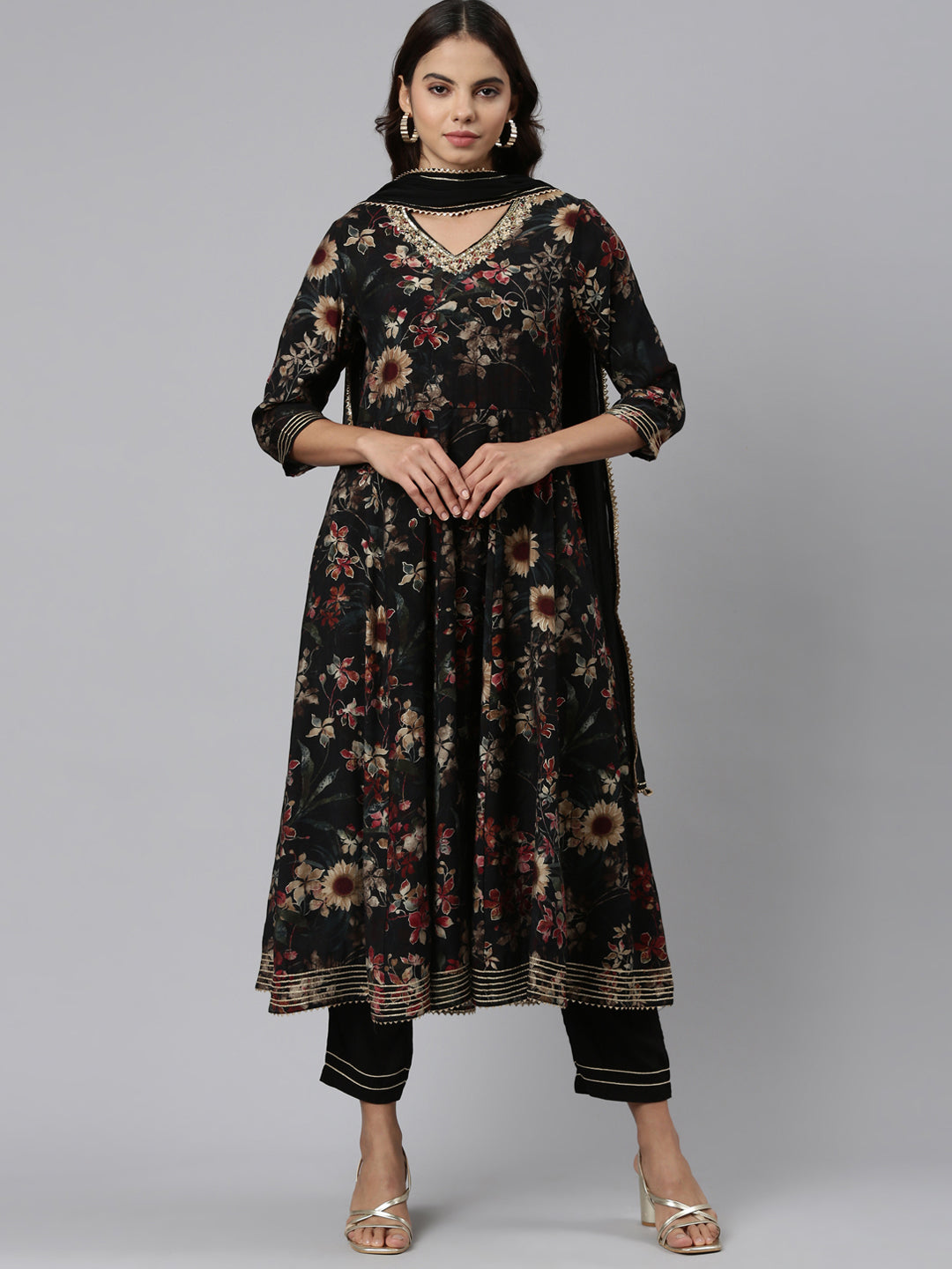 Neerus Black printed straight kurta set with dupatta - front view