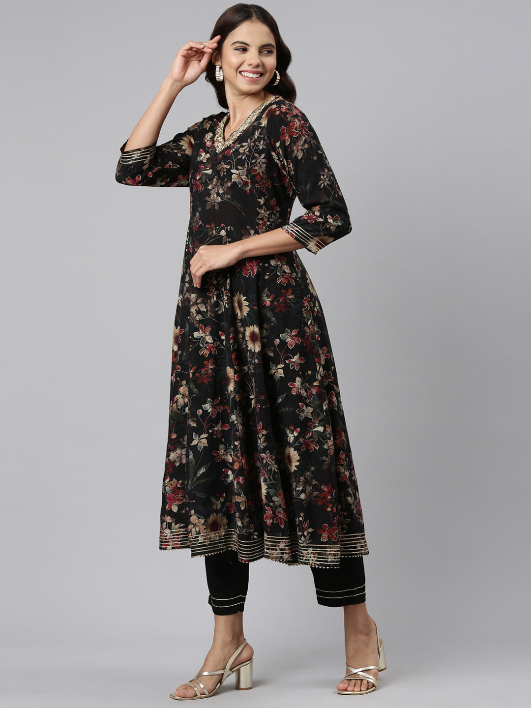 Neerus Black printed straight kurta set with dupatta - back view
