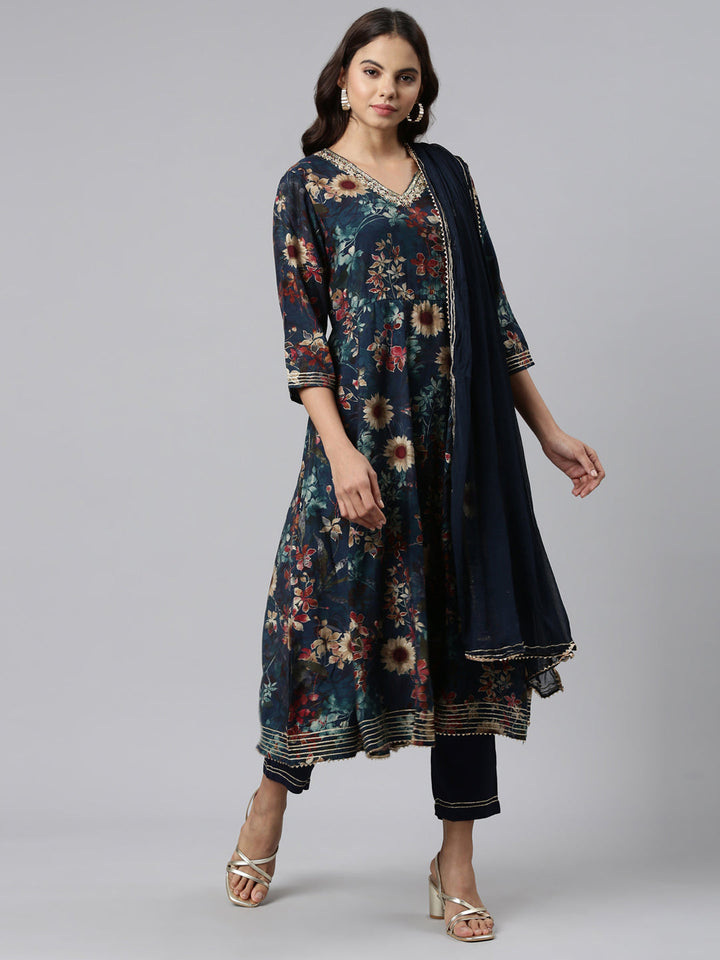 Neerus Green printed straight kurta set with trouser and dupatta - front view