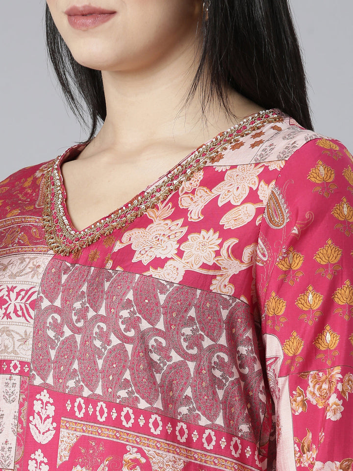 Neerus Pink printed paisley kurta set with trouser and dupatta - detail view 1