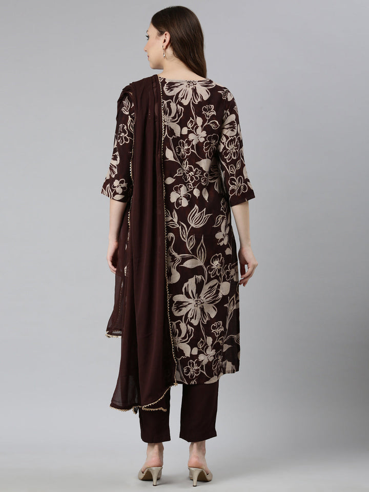 Neerus Brown floral printed straight suit set - side view