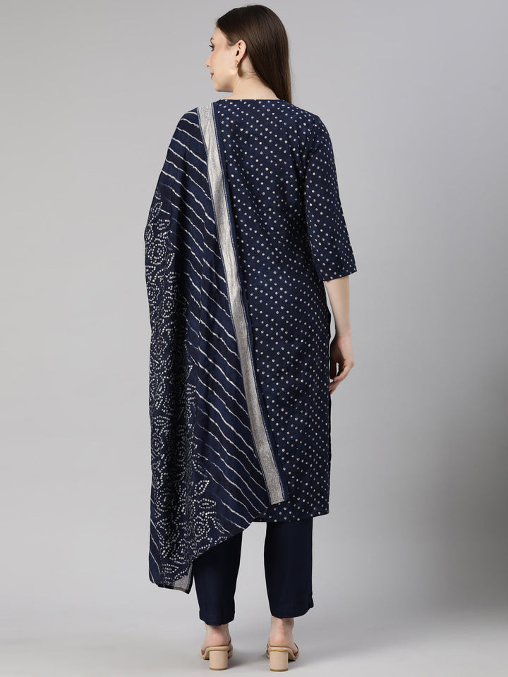 Neerus Blue Bandhani printed straight suit set - side view