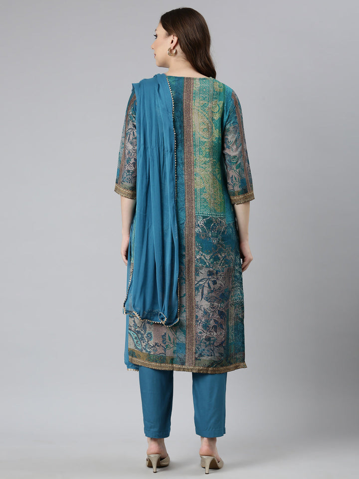 Neerus Blue colourblocked straight kurta suit set - side view